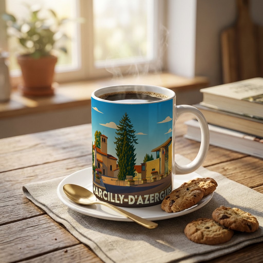 Mug souvenir de la ville de Marcilly-d'Azergues avec une illustration stylisée.