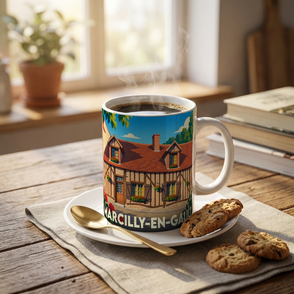 Mug souvenir de la ville de Marcilly-en-Gault orné d'une illustration stylisée d'une maison à colombages.