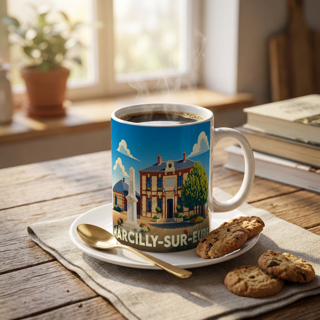 Mug souvenir de la ville de Marcilly-sur-Eure avec une illustration stylisée de sa mairie.