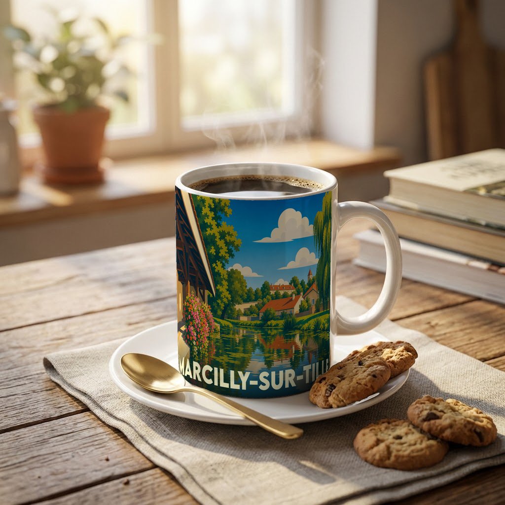 Mug souvenir de la ville de Marcilly-sur-Tille avec une illustration stylisée d'un paysage au bord de l'eau.
