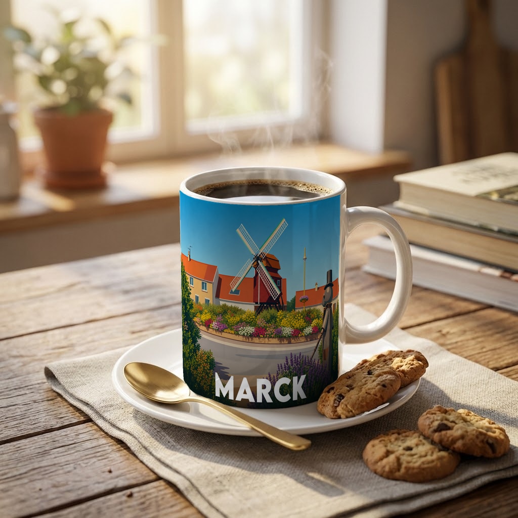 Mug souvenir de la ville de Marck avec une illustration stylisée d'un moulin.