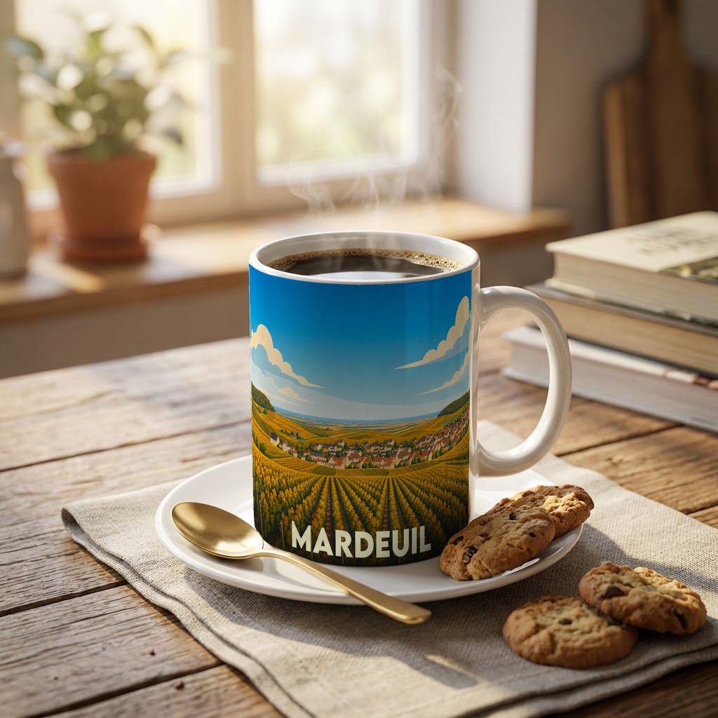 Mug souvenir de la ville de Mardeuil avec une illustration stylisée de vignobles.