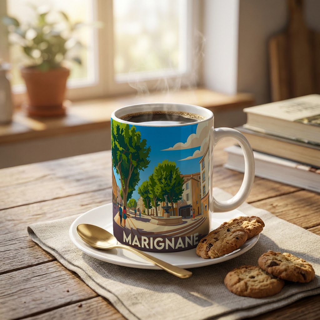 Mug souvenir de la ville de Marignane avec une illustration stylisée.