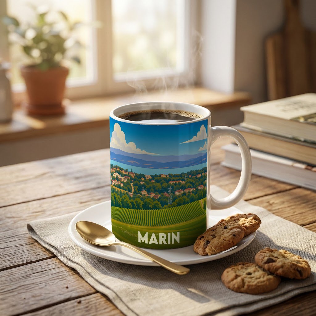 Mug souvenir de la ville de Marin avec une illustration stylisée de paysages vallonnés.