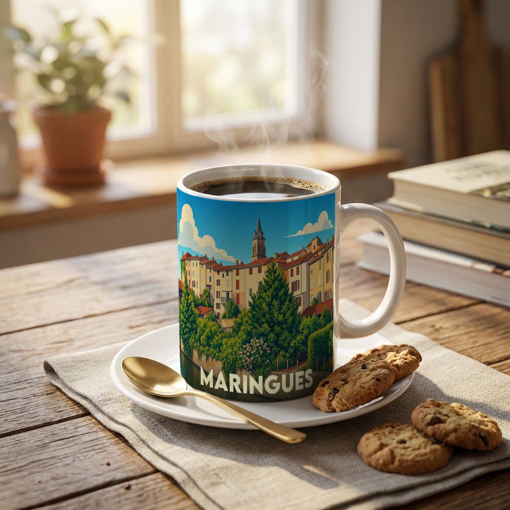 Mug souvenir de la ville de Maringues avec une illustration stylisée et colorée du paysage urbain.