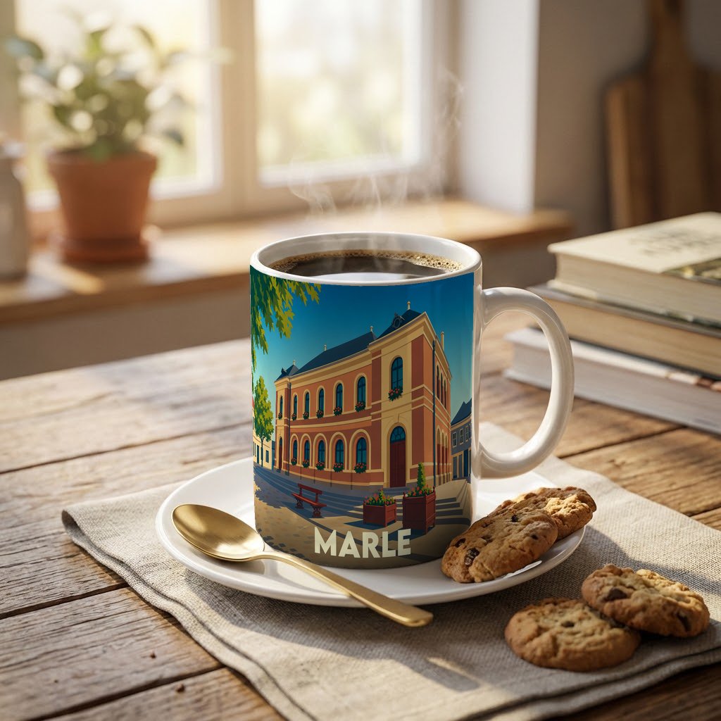 Mug souvenir de la ville de Marle avec une illustration stylisée d'un bâtiment historique.
