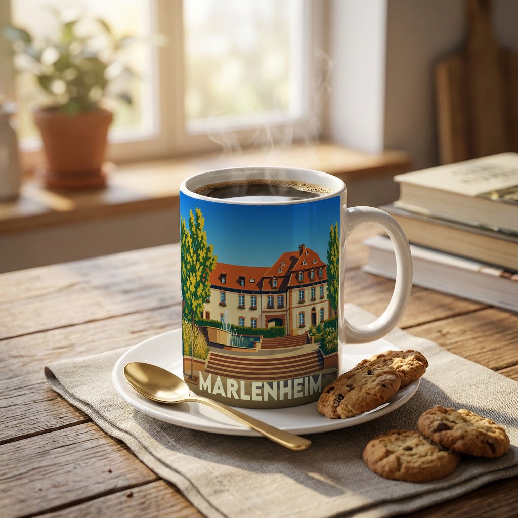 Mug souvenir de la ville de Marlenheim avec une illustration stylisée d'une demeure traditionnelle alsacienne.