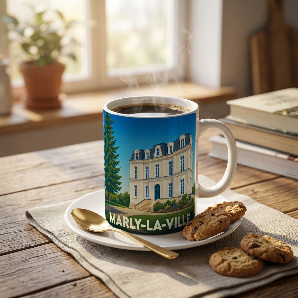 Mug souvenir de la ville de Marly-la-Ville orné d'une illustration stylisée d'une demeure historique.