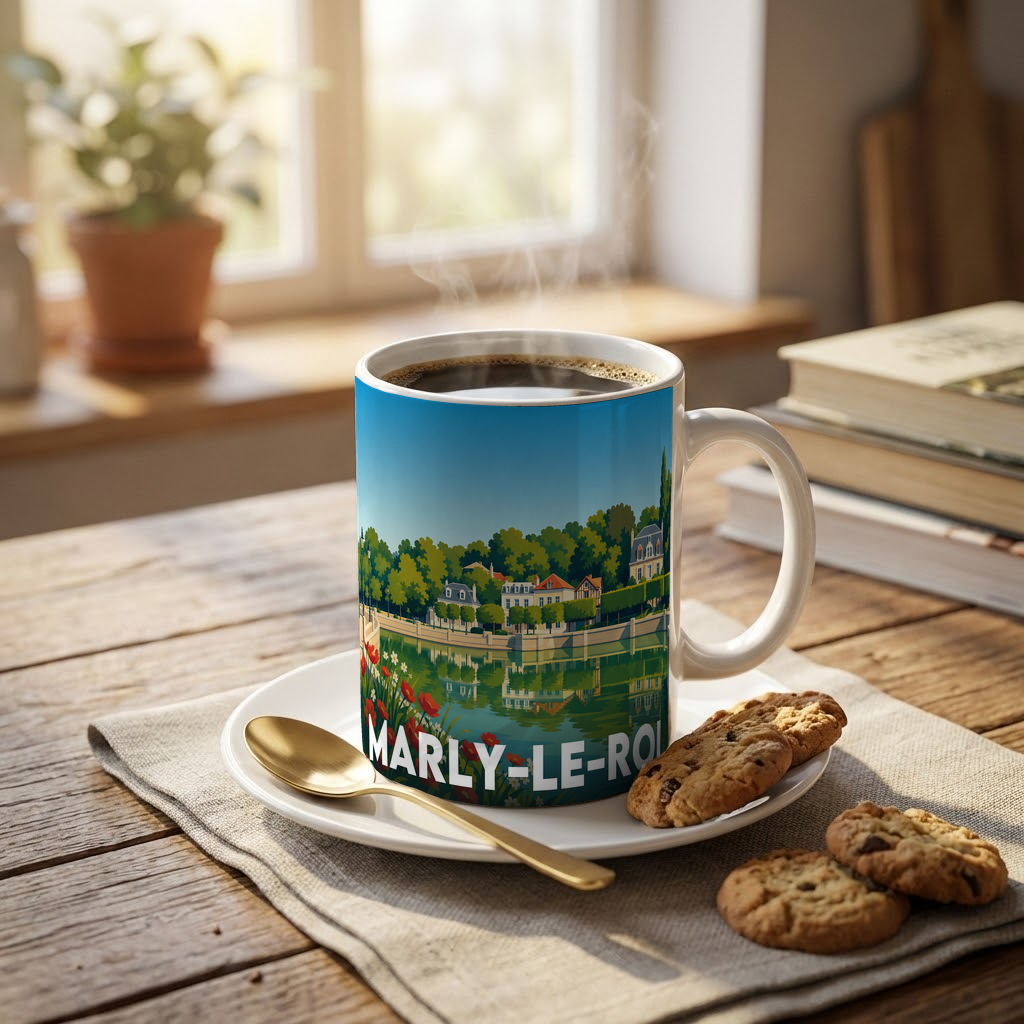 Mug souvenir de la ville de Marly-le-Roi avec une illustration stylisée et colorée.