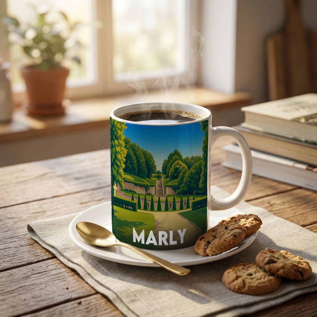 Mug souvenir de la ville de Marly avec une illustration stylisée de ses jardins.