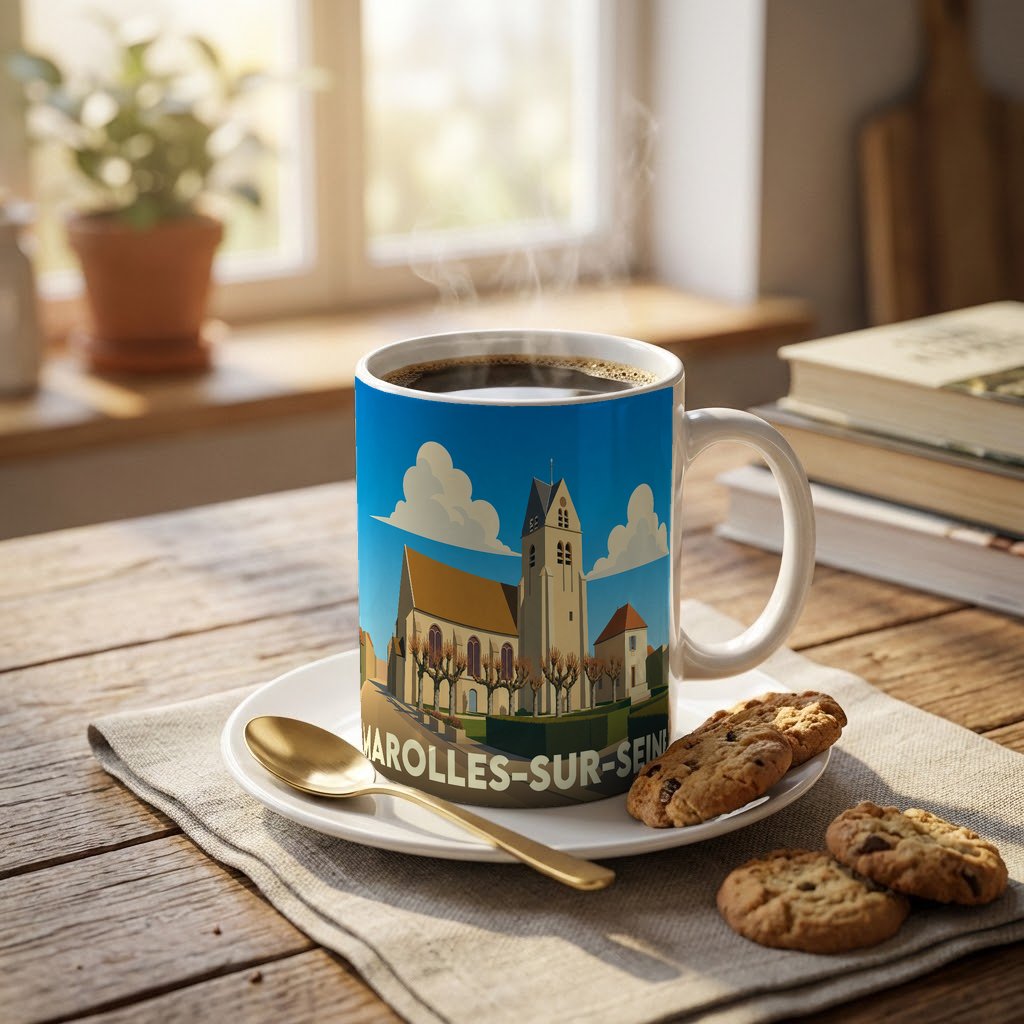 Mug souvenir de la ville de Marolles-sur-Seine avec une illustration stylisée de son église.