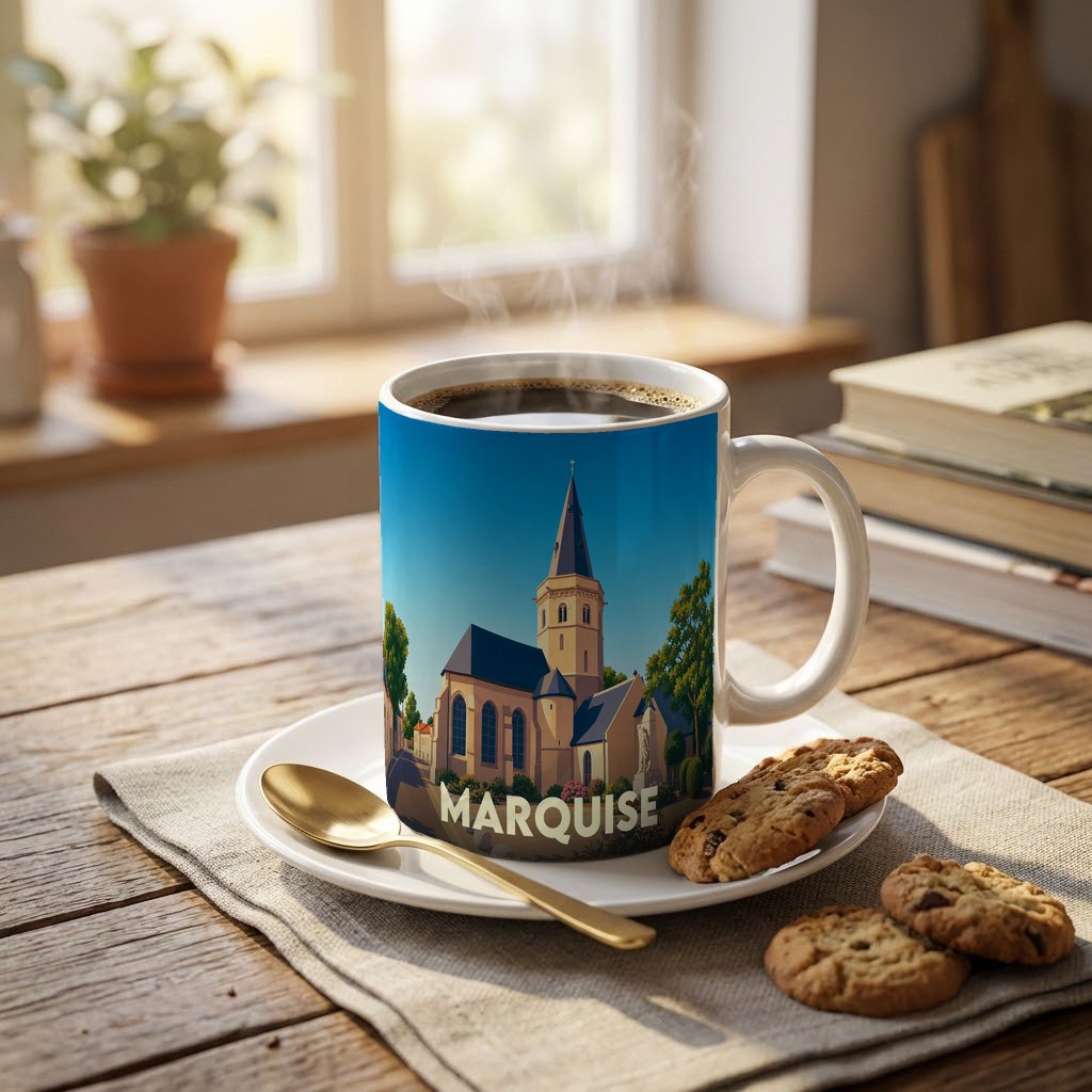Mug souvenir de la ville de Marquise orné d'une illustration stylisée de son église.