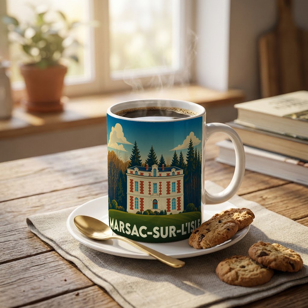 Mug souvenir de la ville de Marsac-sur-l'Isle orné d'une illustration stylisée d'un château en forêt.