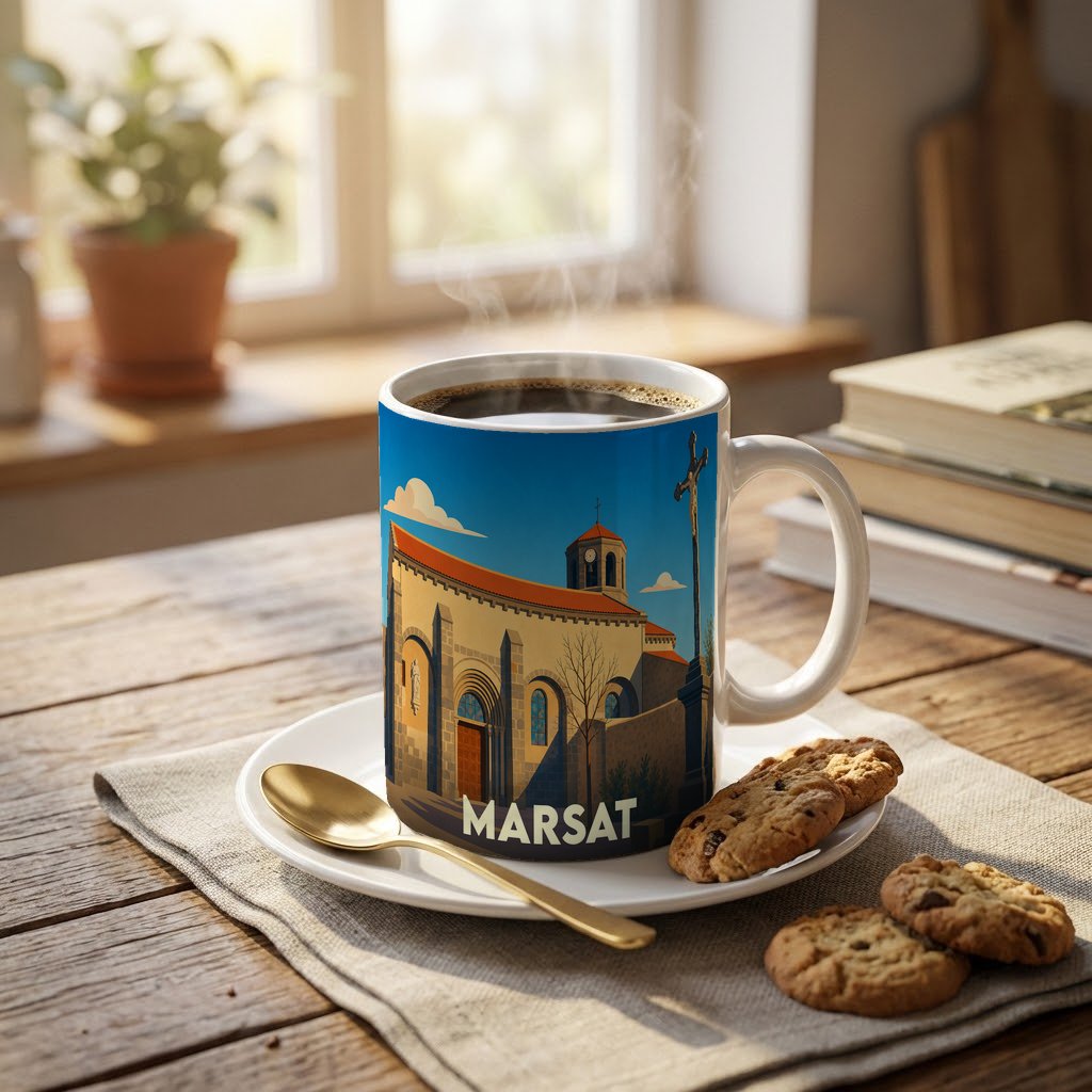 Mug souvenir de la ville de Marsat orné d'une illustration stylisée de son église et de son calvaire.
