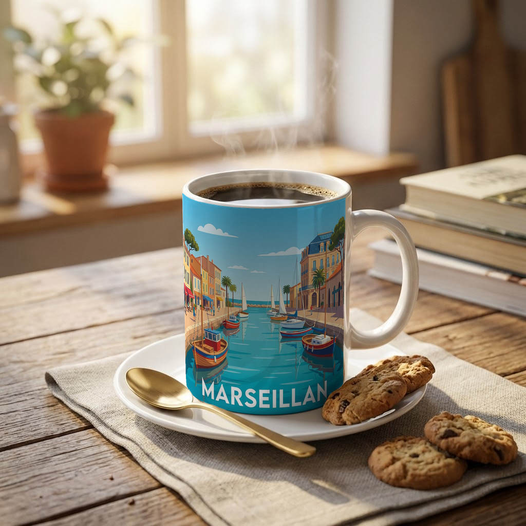 Mug souvenir de la ville de Marseillan avec une illustration stylisée de son port.