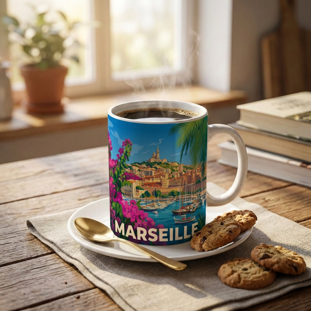 Mug souvenir de la ville de Marseille avec une illustration stylisée.
