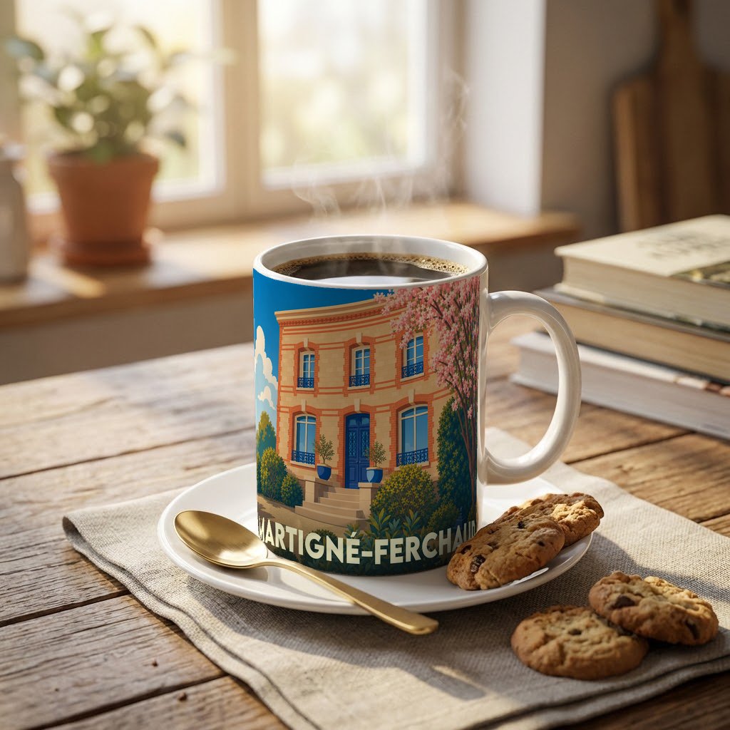 Mug souvenir de la ville de Martigné-Ferchaud illustré d'un bâtiment élégant entouré de végétation.