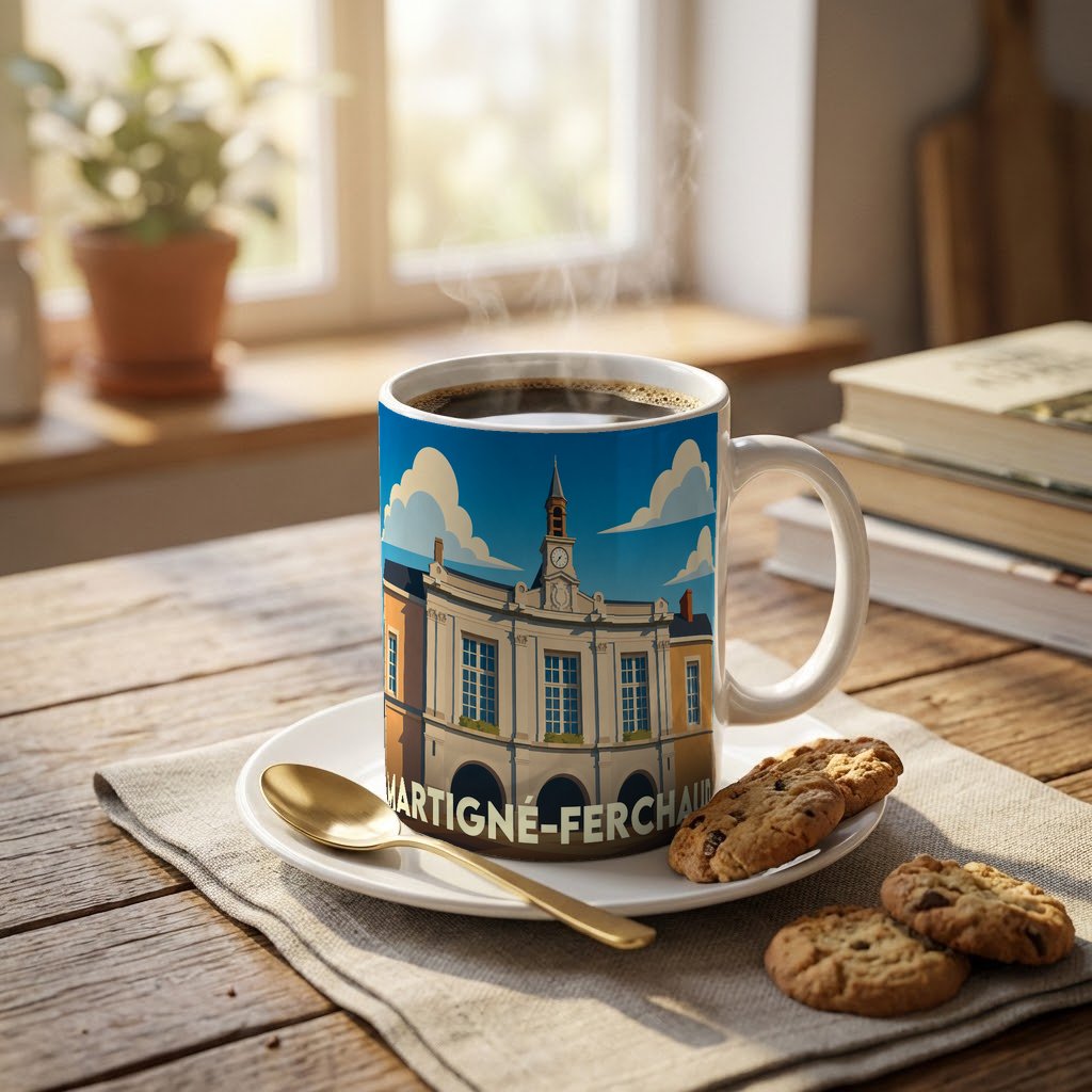 Mug souvenir de la ville de Martigné-Ferchaud orné d'une illustration stylisée de son hôtel de ville.