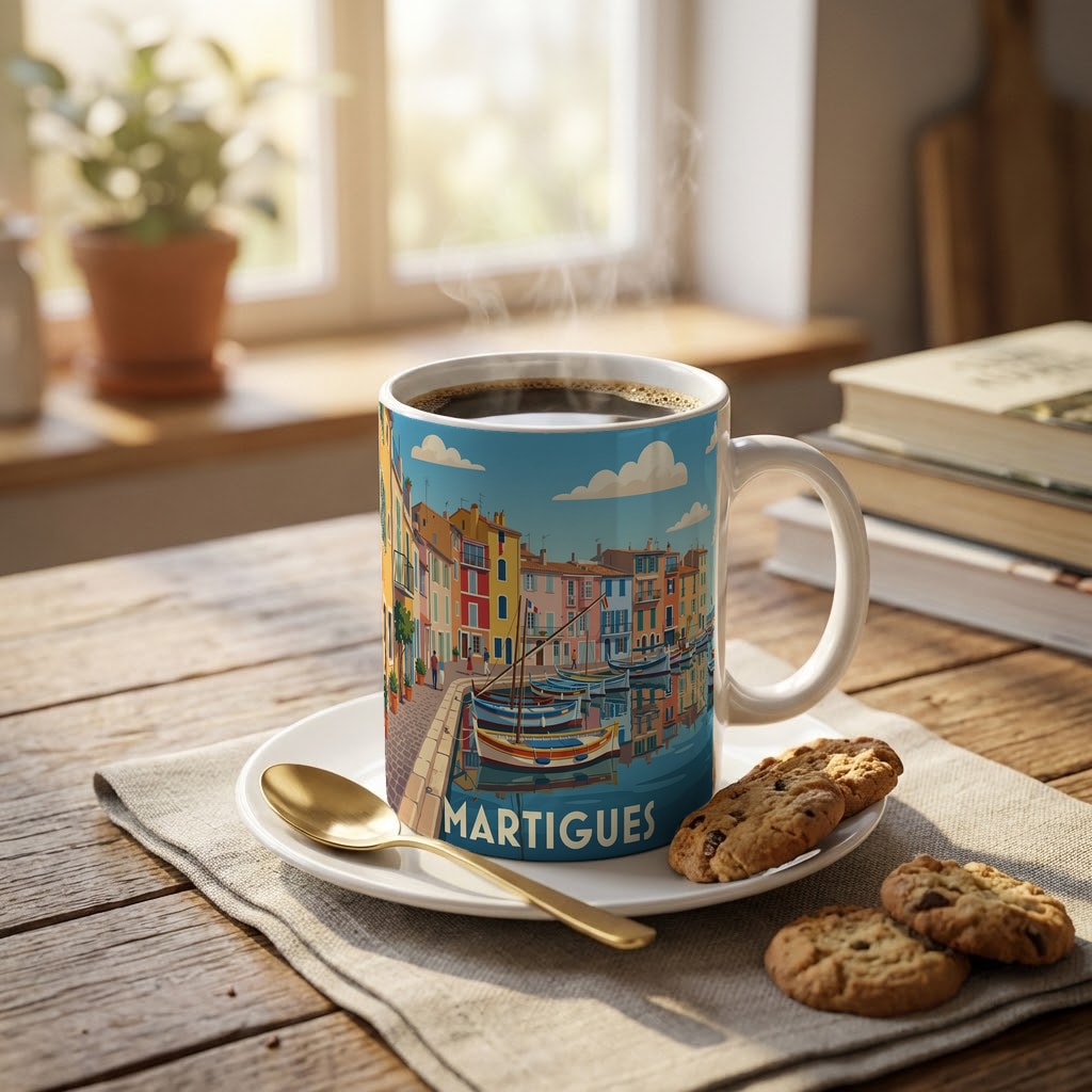 Mug souvenir de la ville de Martigues avec une illustration stylisée de ses canaux et de ses maisons colorées.