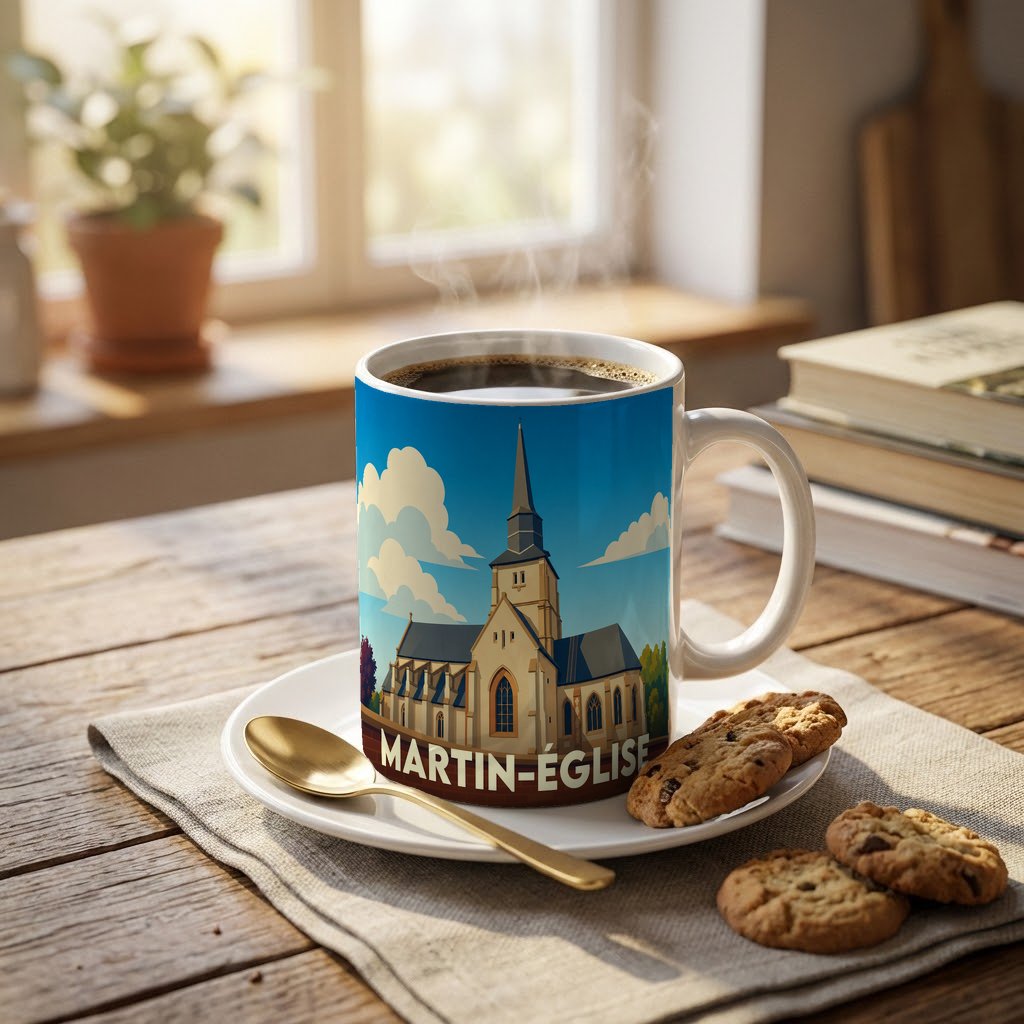 Mug souvenir de la ville de Martin-Église illustré d'une église de style gothique.
