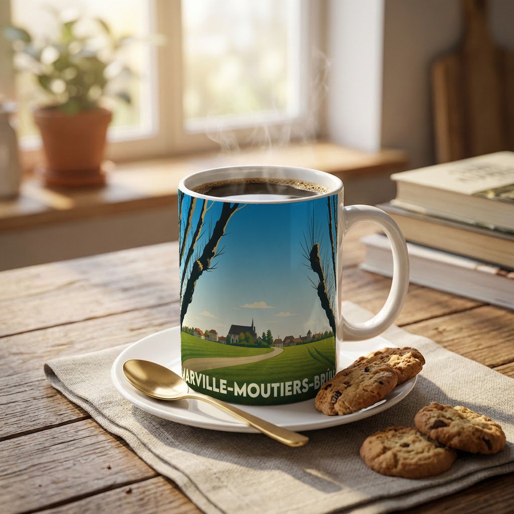 Mug souvenir de la ville de Marville-Moutiers-Brûlé orné d'une illustration de paysage champêtre stylisé.