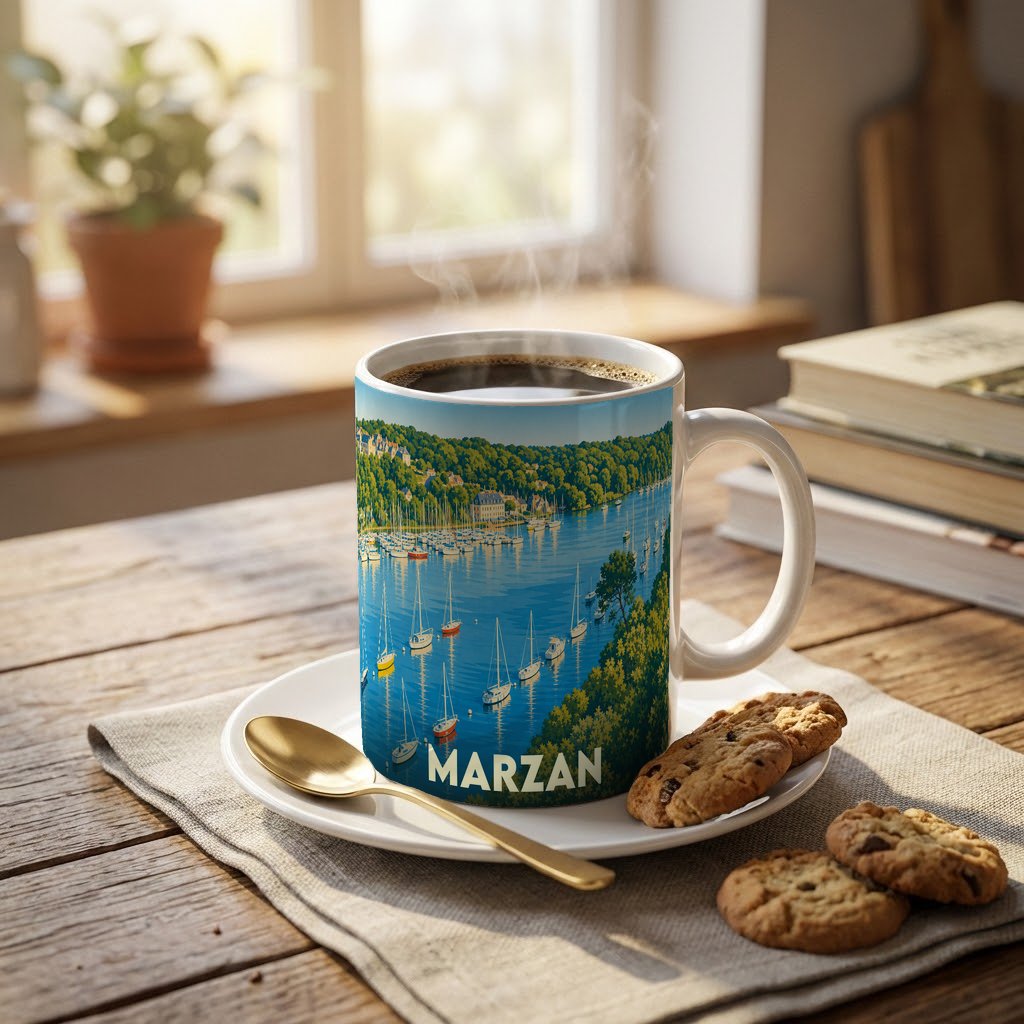 Mug souvenir de la ville de Marzan illustré d'un paysage côtier stylisé.