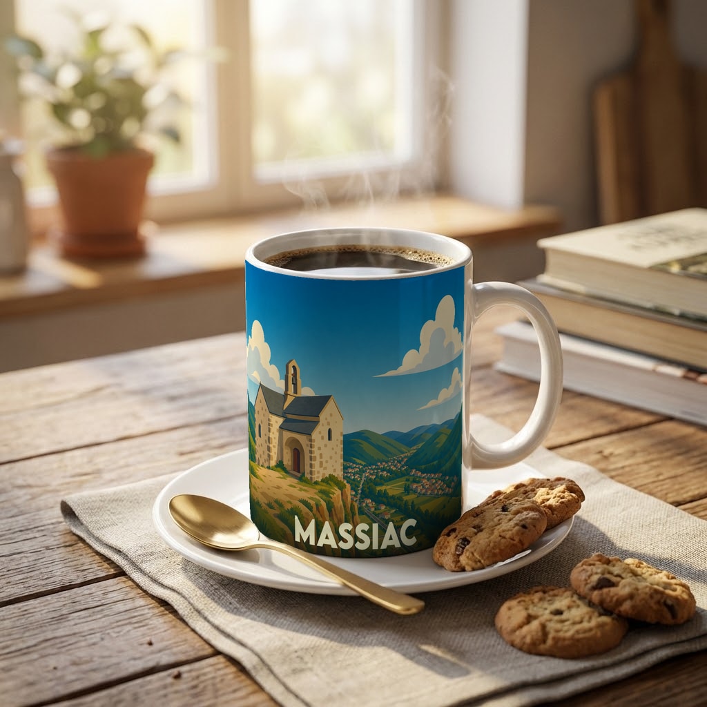 Mug souvenir de la ville de Massiac avec une illustration stylisée d'une chapelle surplombant la vallée.