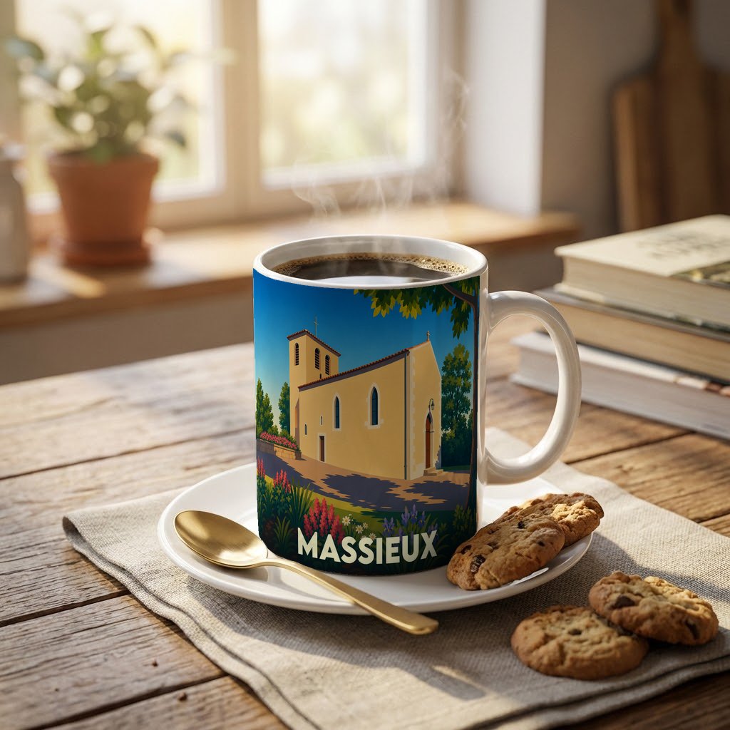 Mug souvenir de la ville de Massieux avec une illustration stylisée de son église.