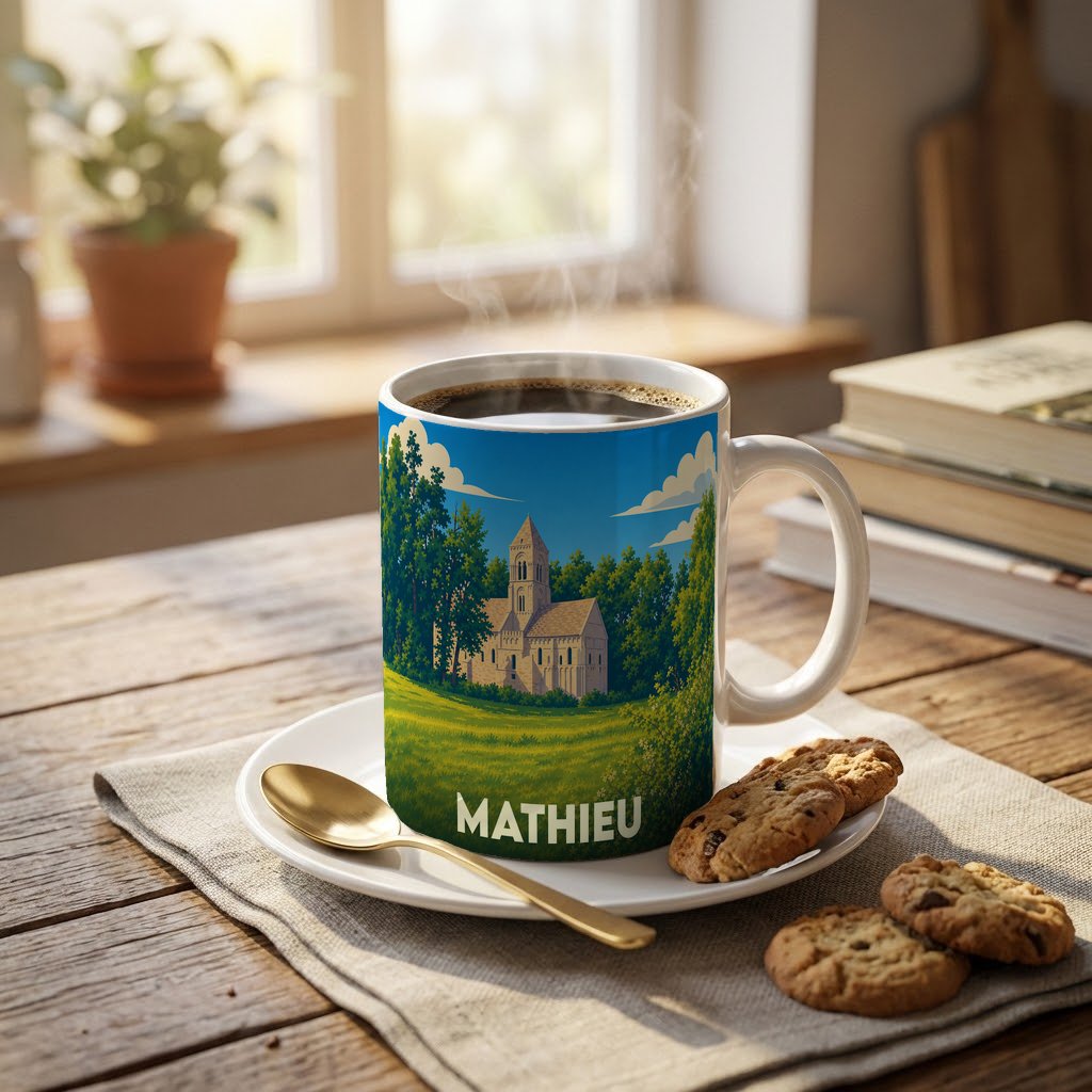 Mug souvenir de la ville de Mathieu orné d'une illustration stylisée d'une église dans un paysage verdoyant.