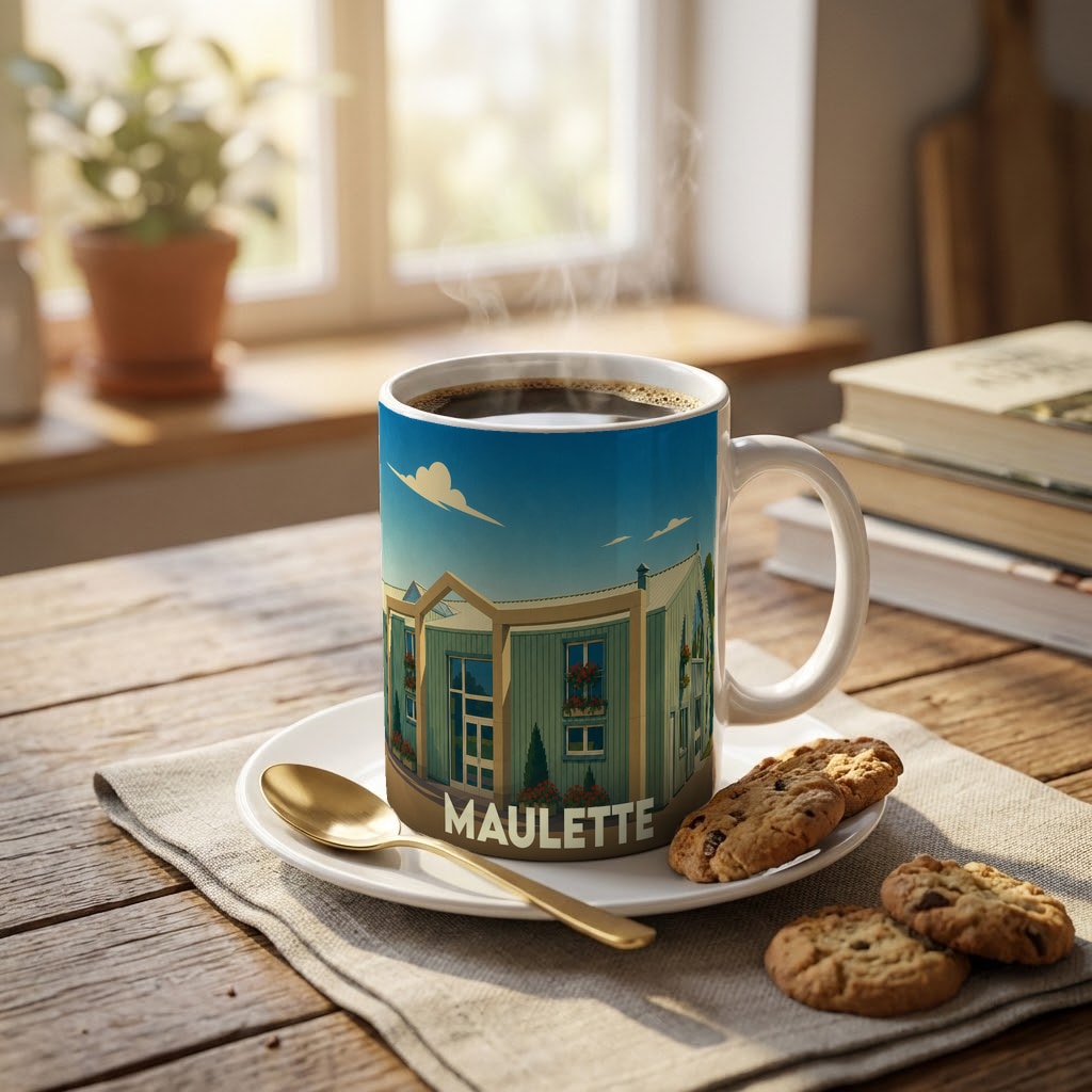 Mug souvenir de la ville de Maulette illustré d'un bâtiment moderne sous un ciel bleu.