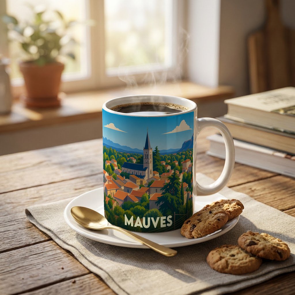 Mug souvenir de la ville de Mauves avec une illustration stylisée d'un paysage urbain.