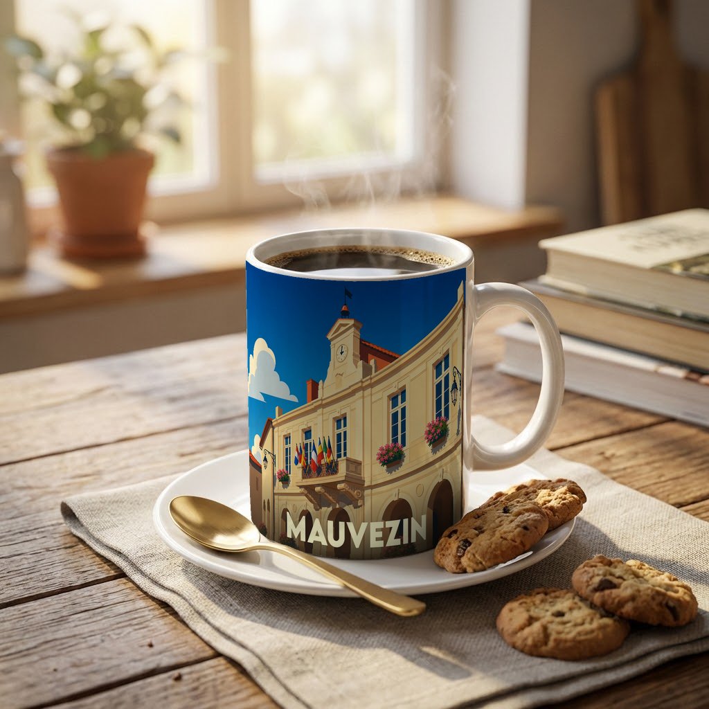 Mug souvenir de la ville de Mauvezin avec une illustration stylisée de son hôtel de ville.