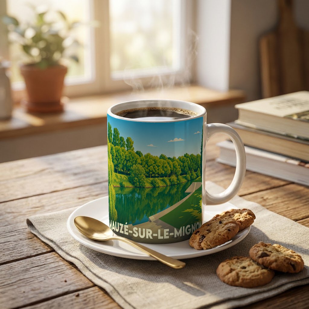 Mug souvenir de Mauzé-sur-le-Mignon orné d'une illustration stylisée de son paysage verdoyant au bord de l'eau.