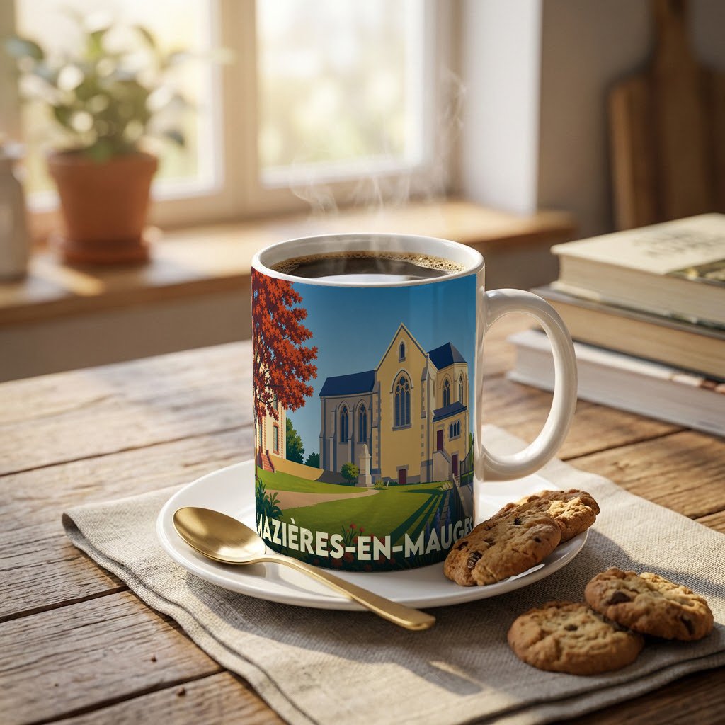Mug souvenir de la ville de Mazières-en-Mauges orné d'une illustration stylisée de son église.