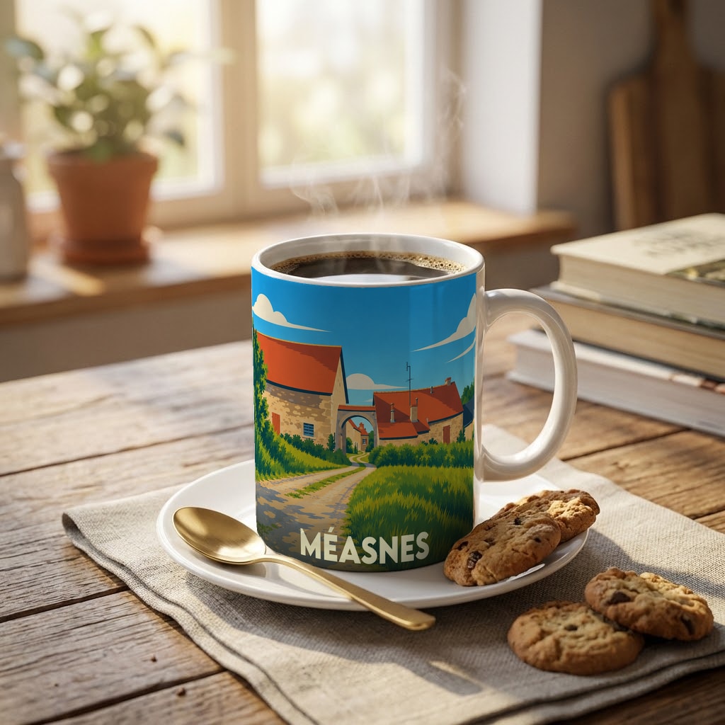 Mug souvenir de la ville de Méasnes avec une illustration stylisée de maisons rurales et d'un chemin de campagne.