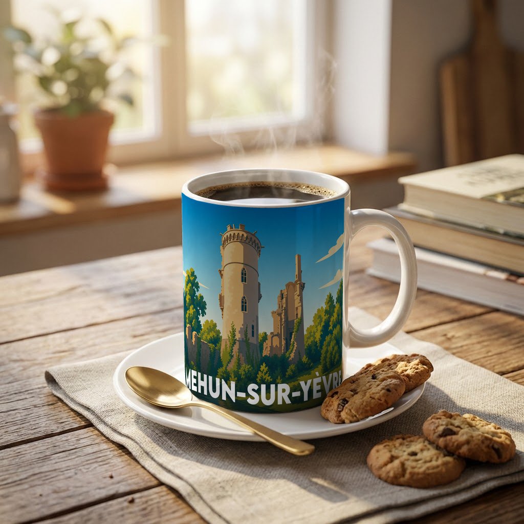 Mug souvenir de la ville de Mehun-sur-Yèvre orné d'une illustration stylisée de son château.