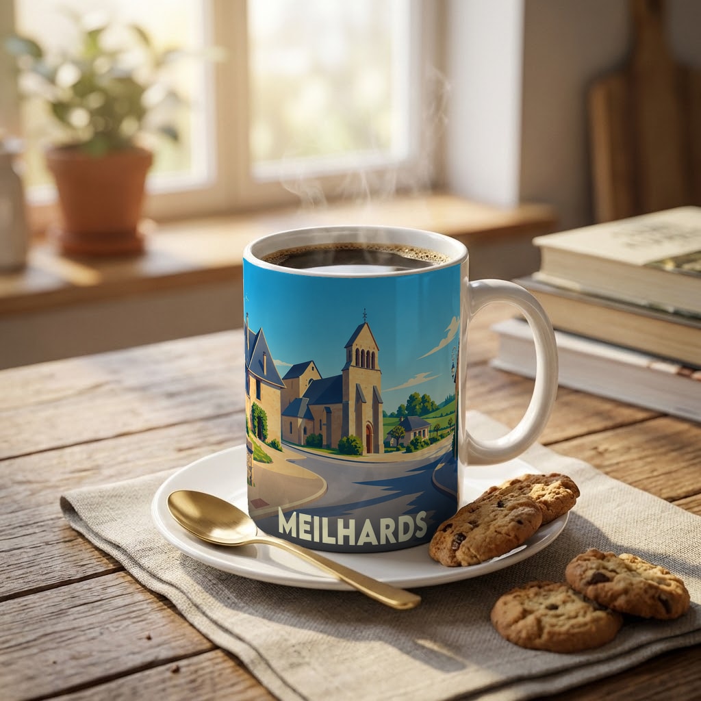 Mug souvenir de la ville de Meilhards orné d'une illustration stylisée de son église et de son paysage.