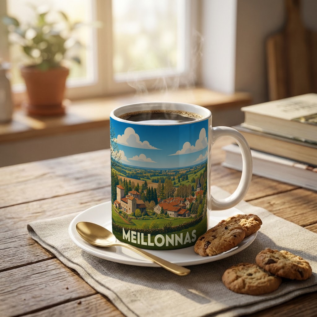 Mug souvenir de la ville de Meillonnas orné d'une illustration paysagère stylisée.