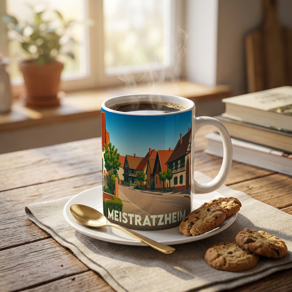 Mug souvenir de la ville de Meistratzheim orné d'une illustration stylisée de ses maisons traditionnelles.