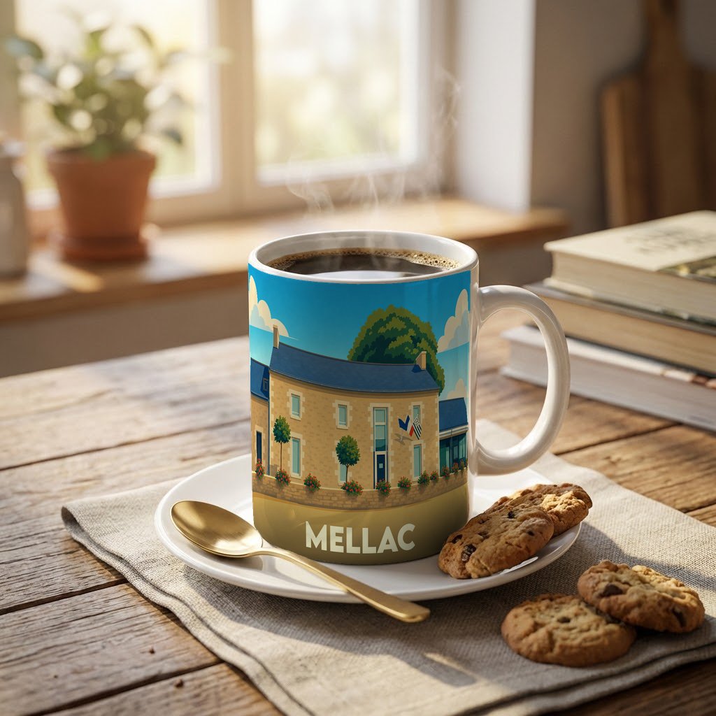 Mug souvenir de la ville de Mellac avec une illustration stylisée d'un bâtiment typique.