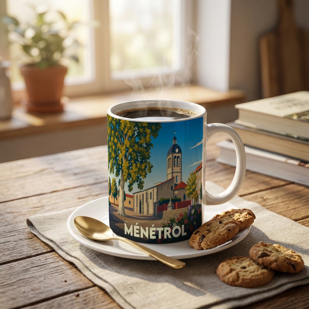 Mug souvenir de la ville de Ménétrol avec une illustration stylisée d'une église et d'un grand arbre.