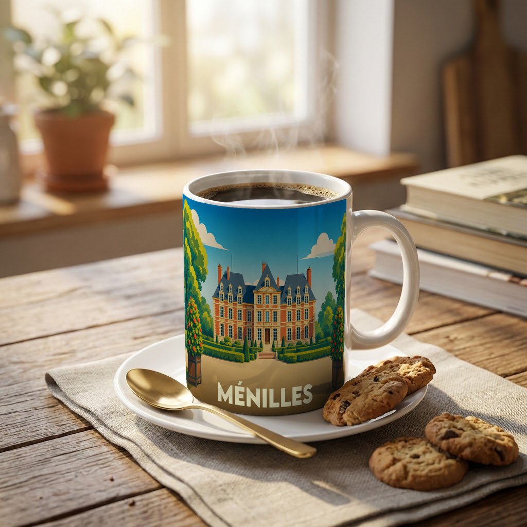 Mug souvenir de la ville de Ménilles avec une illustration stylisée d'un château.