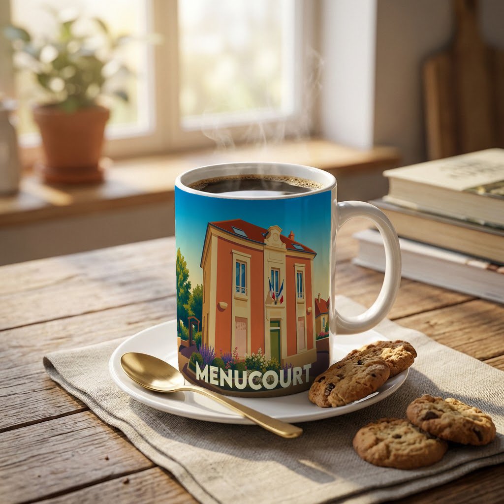 Mug souvenir de la ville de Menucourt avec une illustration stylisée de sa mairie.