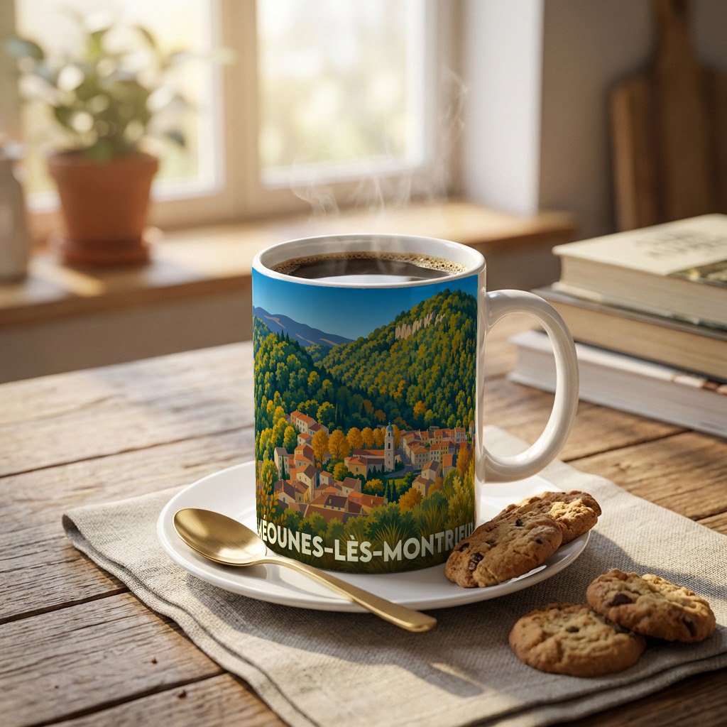 Mug souvenir de la ville de Méounes-lès-Montrieux avec une illustration stylisée de son paysage vallonné.