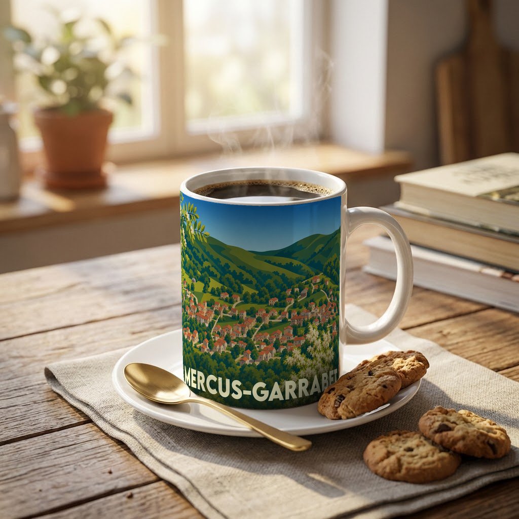 Mug souvenir de la ville de Mercus-Garrabet avec une illustration stylisée d'un paysage de montagne et de village.
