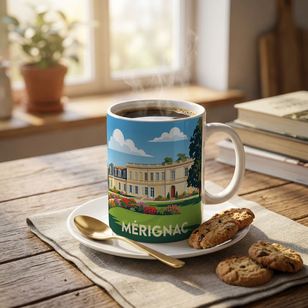 Mug souvenir de la ville de Mérignac avec une illustration stylisée.