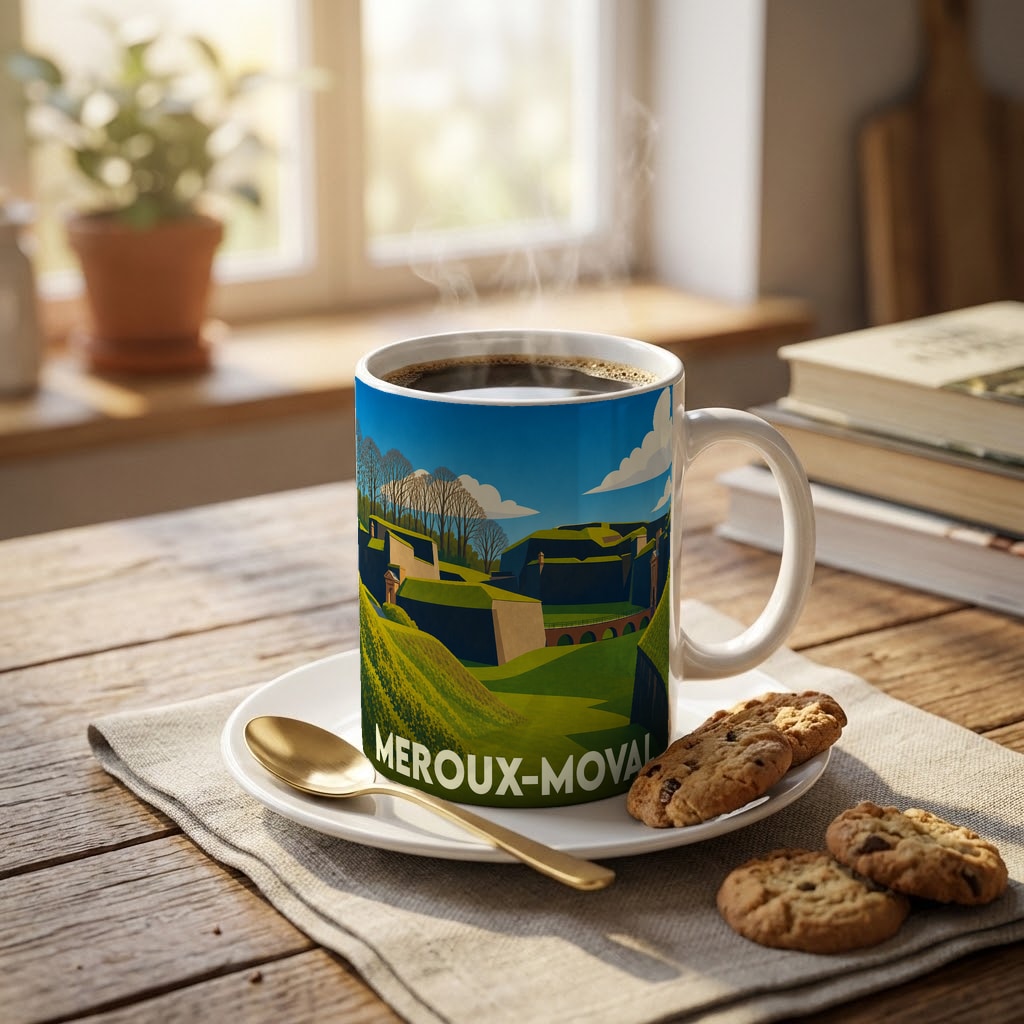 Mug souvenir de la ville de Meroux-Moval avec une illustration stylisée de son paysage et de ses fortifications.