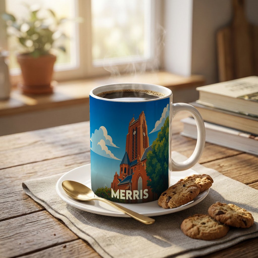 Mug souvenir de la ville de Merris orné d'une illustration stylisée de son église.