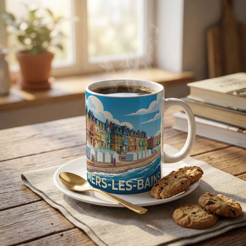 Mug souvenir de la ville de Mers-les-Bains avec une illustration stylisée de son front de mer et de ses villas colorées.