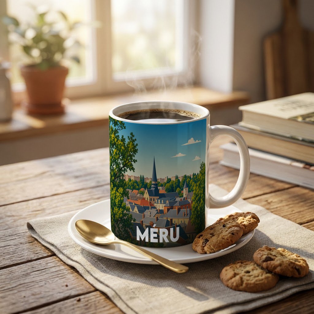 Mug souvenir de la ville de Méru avec une illustration stylisée.